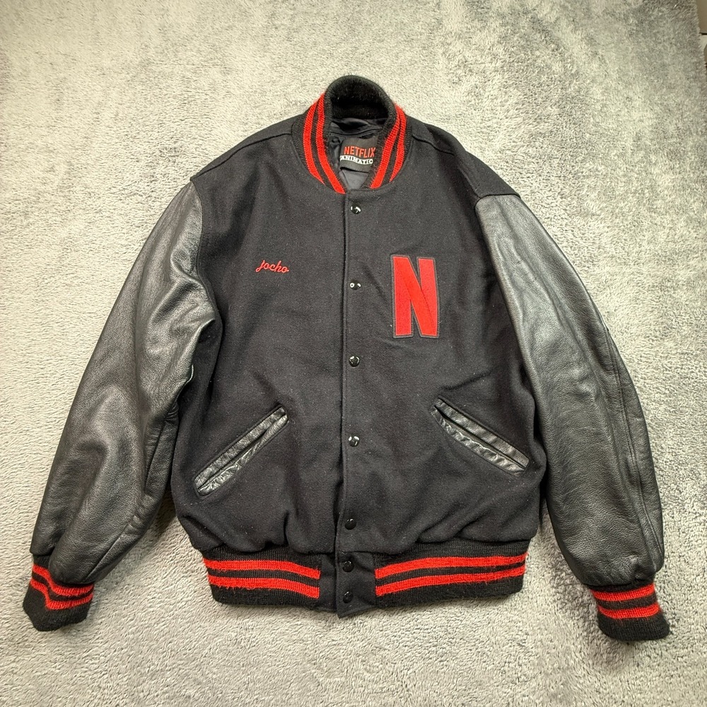 Netflix Animation Team Letterman Bomber Jacket Mens L Wool Blend JOCHO Snap Butn